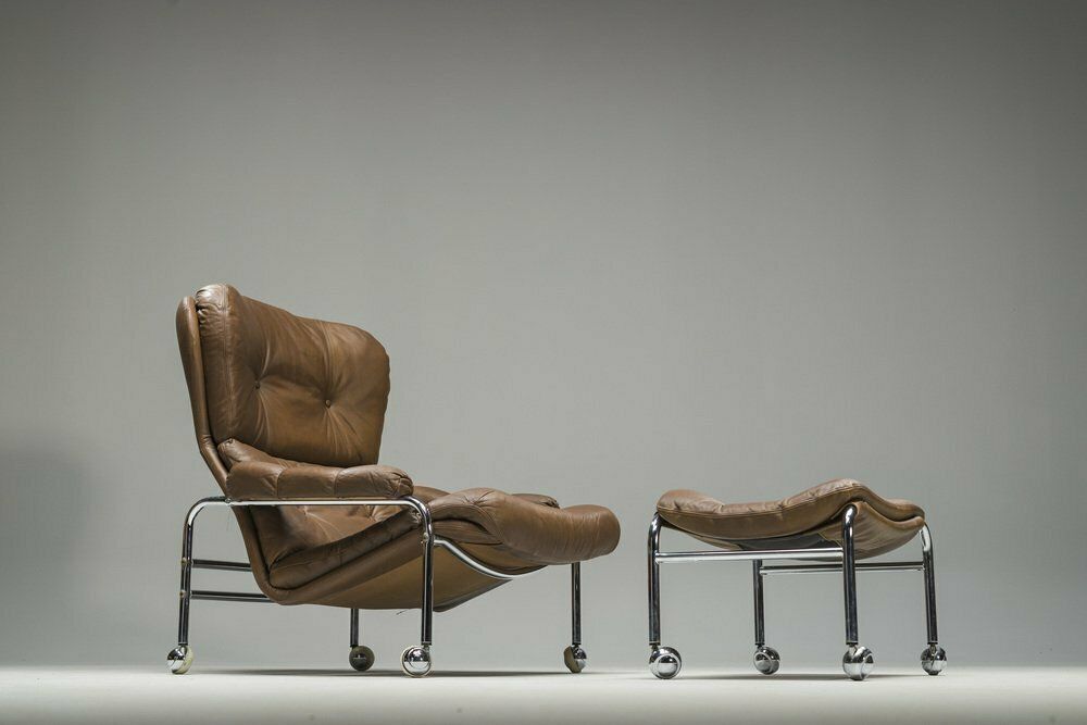 Swedish Chrome & Brown Leather Lounge Chair And Footstool From Scapa Rydaholm, 1960s, Set Of 2 photo vinterior