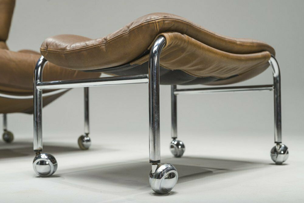 photo vinterior Swedish Chrome & Brown Leather Lounge Chair And Footstool From Scapa Rydaholm, 1960s, Set Of 2