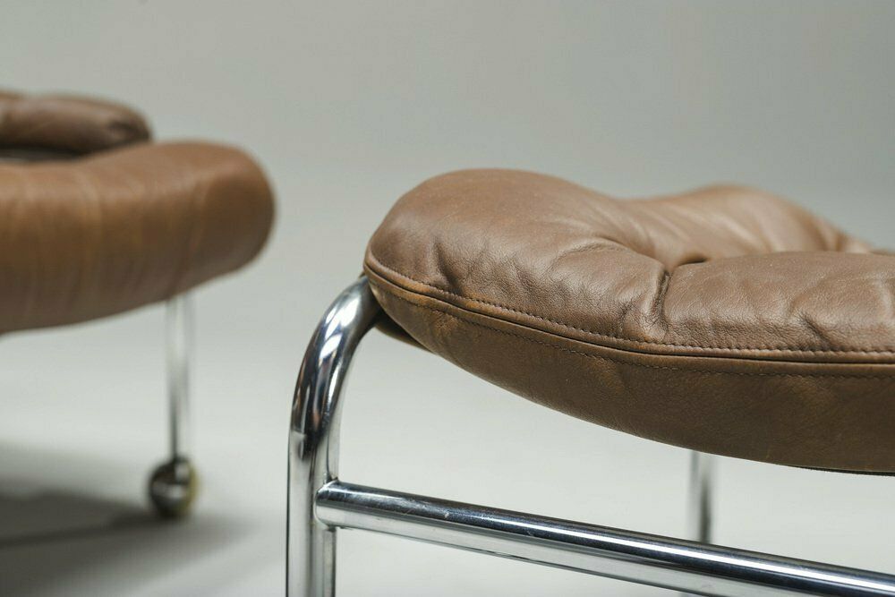 photo buy Swedish Chrome & Brown Leather Lounge Chair And Footstool From Scapa Rydaholm, 1960s, Set Of 2