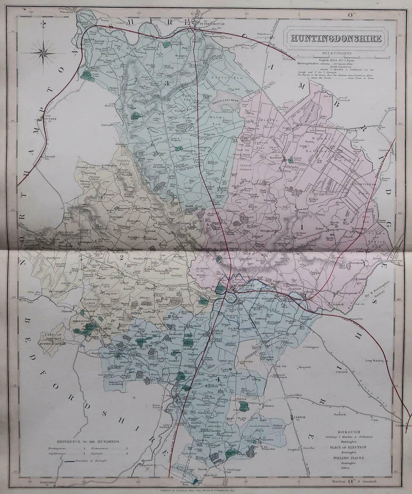 Original Antique English County Map, Huntingdonshire, J & C Walker, 1851 photo furniture