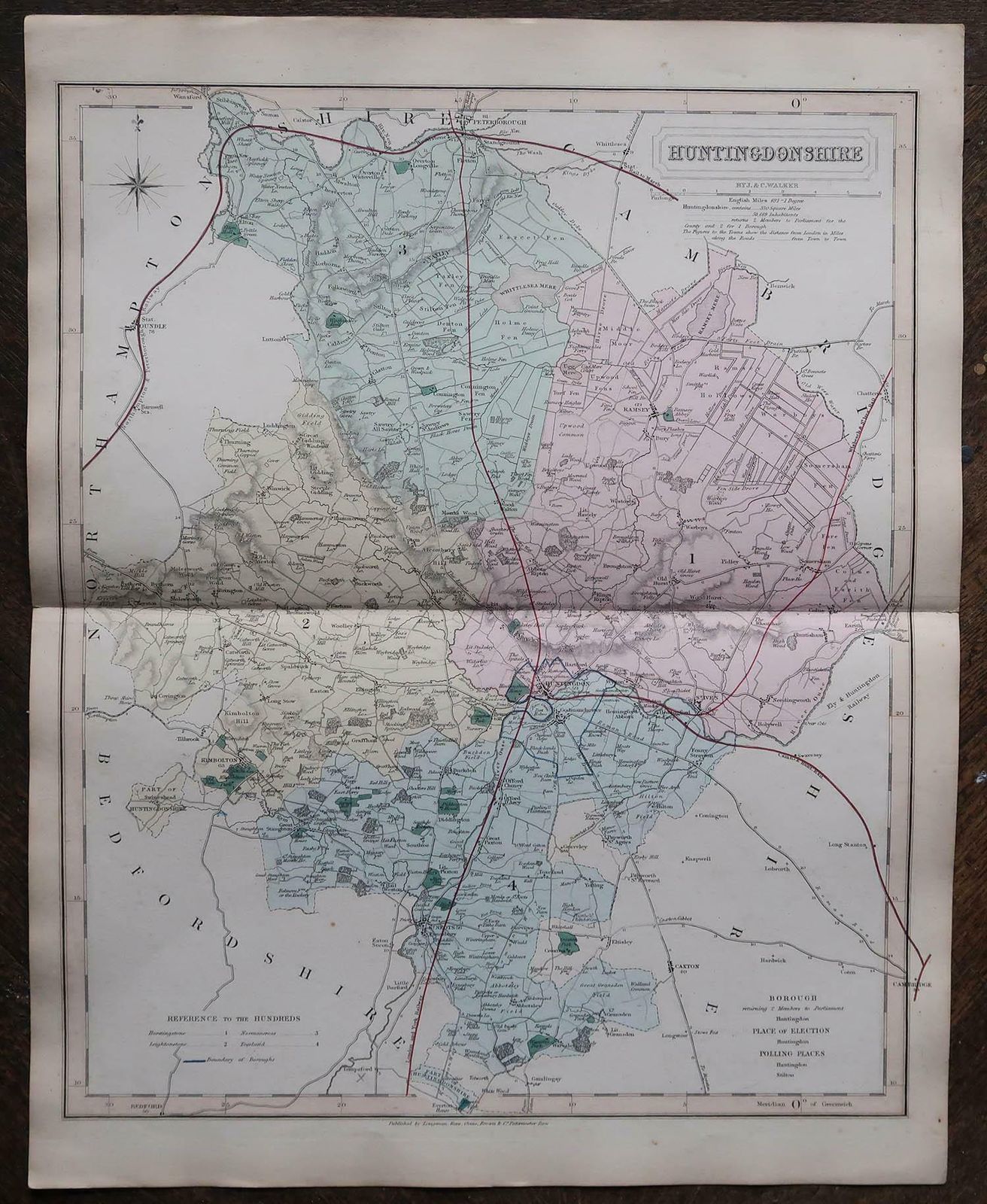 Original Antique English County Map, Huntingdonshire, J & C Walker, 1851 photo for sale