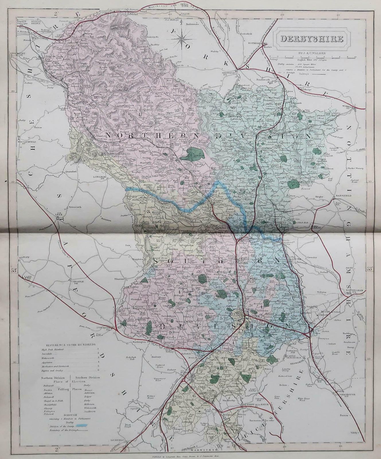 Original Antique English County Map, Derbyshire, J & C Walker, 1851 photo furniture