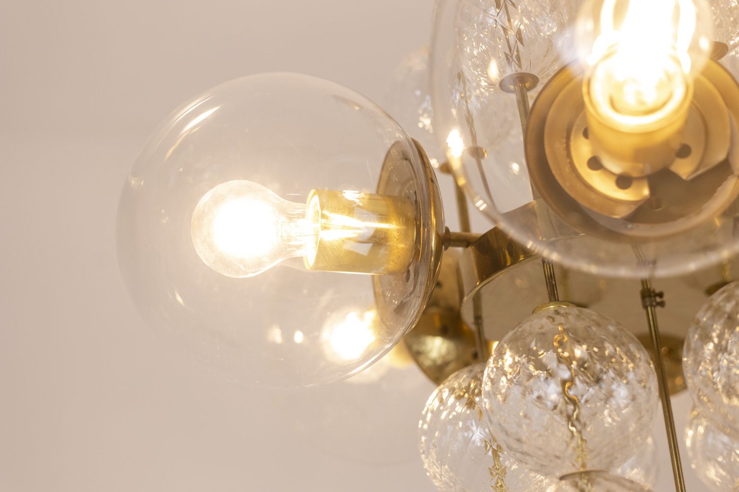 Chandelier In Golden Brass And Blown Glass, 1970s photo buy