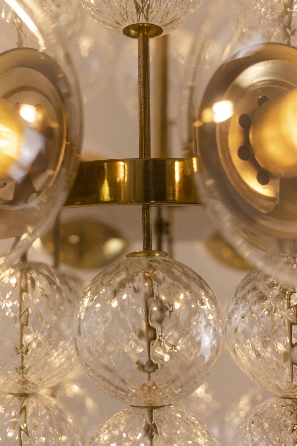 photo for sale Chandelier In Golden Brass And Blown Glass, 1970s