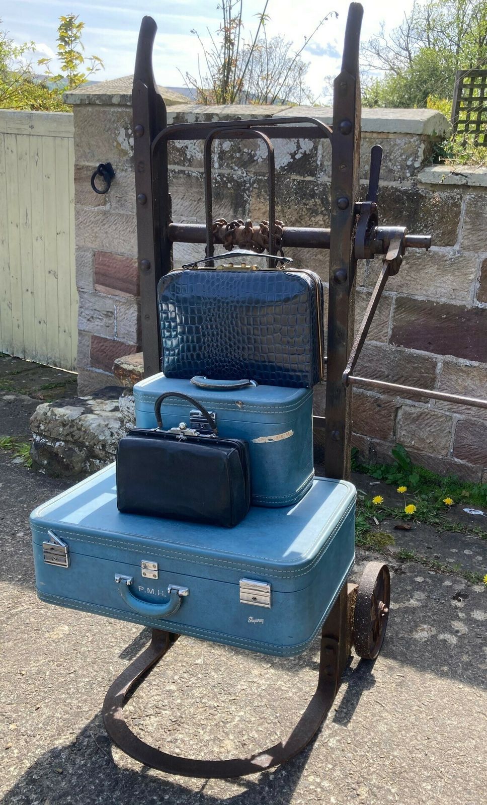 Victorian Cast Iron And Wood Railway Porters Adjustable Luggage Trolley.Lincoln Railway Station.Rare photo for sale