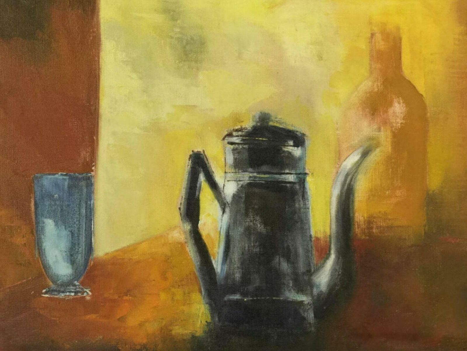 1970s Modernist Still Life Oil Painting With French Enamel Coffee Pot   Framed photo furniture