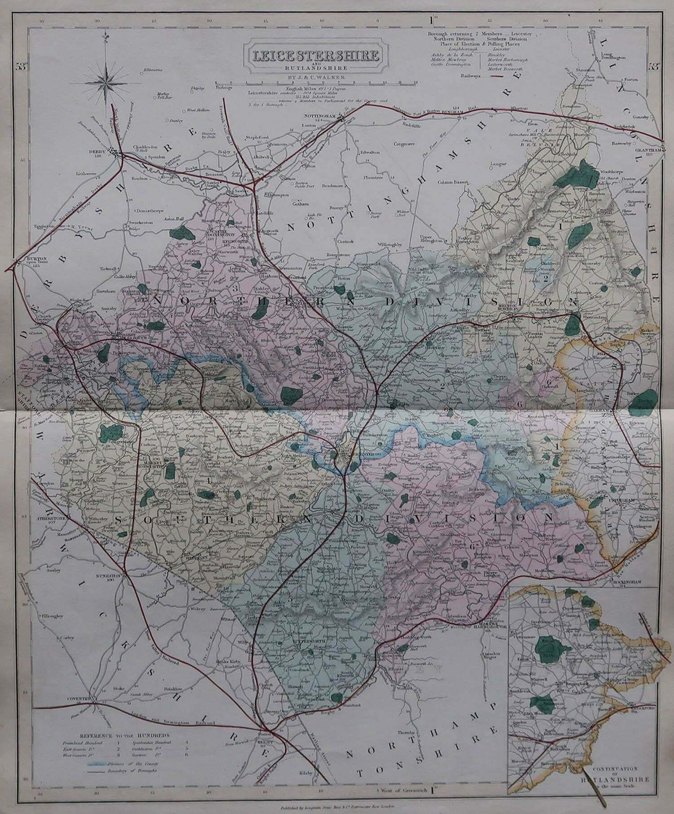 Original Antique English County Map, Leicestershire, J & C Walker, 1851 photo furniture