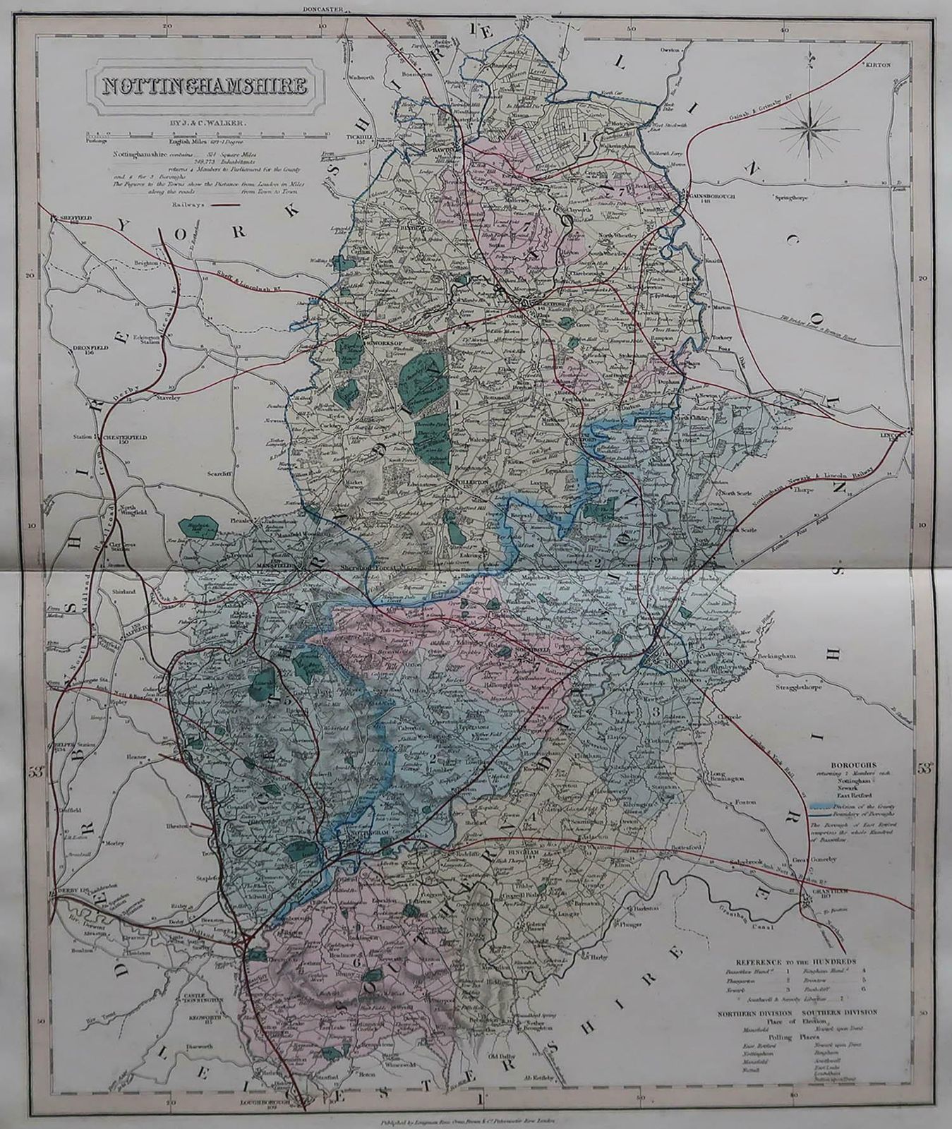 Original Antique English County Map, Nottinghamshire, J & C Walker, 1851 photo furniture