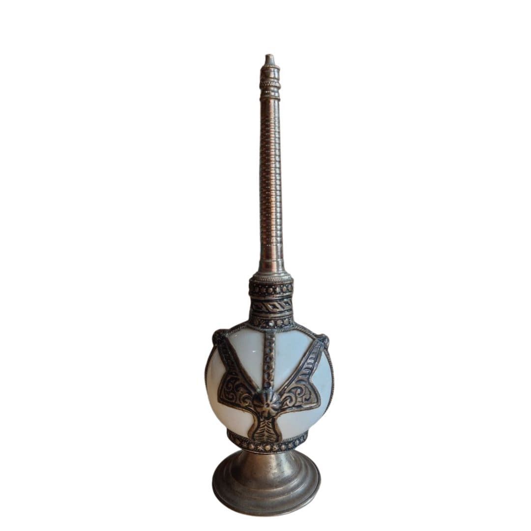 Handcrafted Moroccan White Glass Rose Water Sprinkler With Embossed Silvered Metal Floral Design