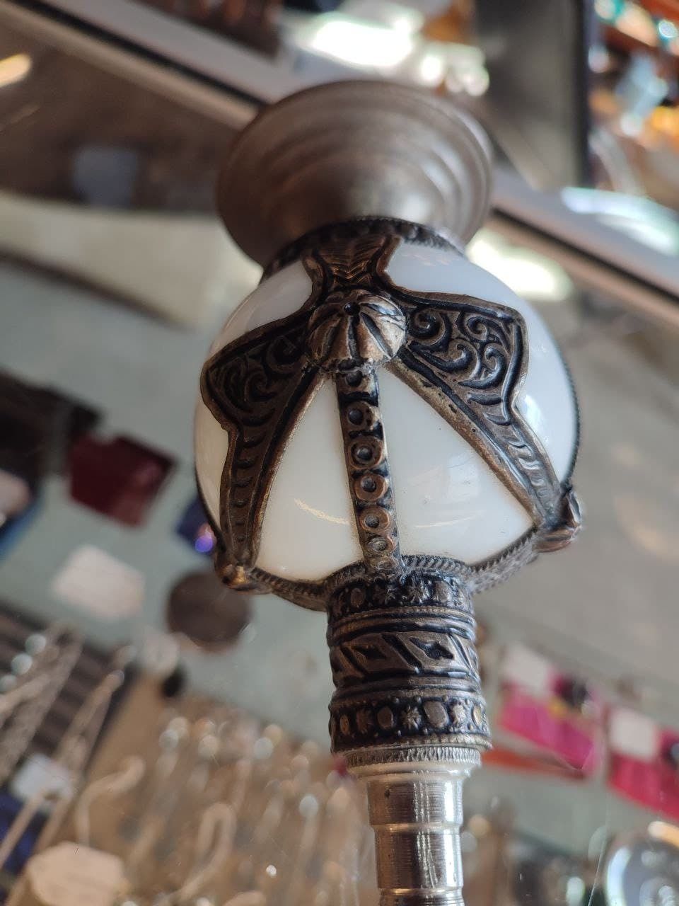 Handcrafted Moroccan White Glass Rose Water Sprinkler With Embossed Silvered Metal Floral Design photo Home Decor