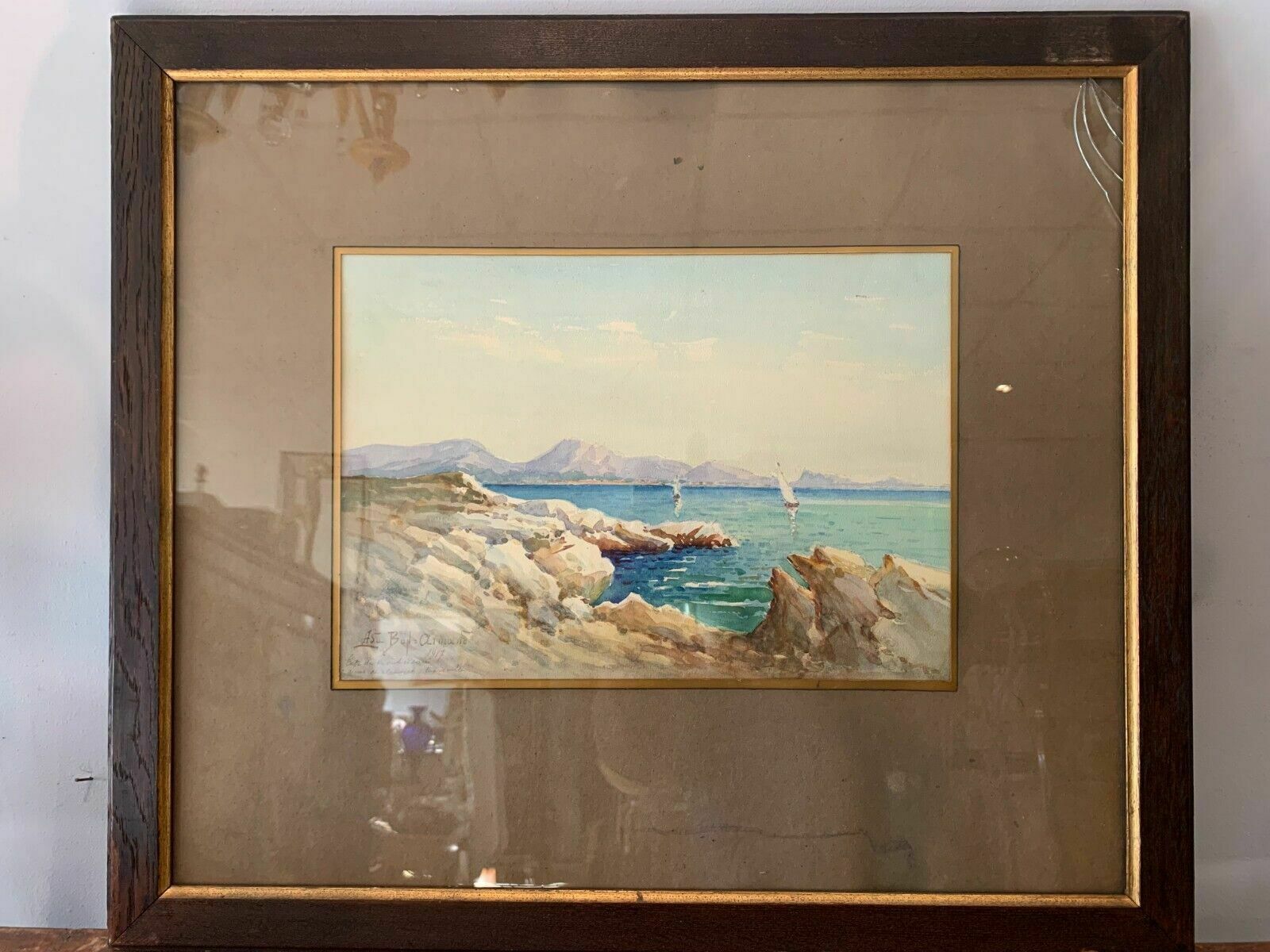 Framed Gouache "Two Boats On A Mountain Lake" XX Century