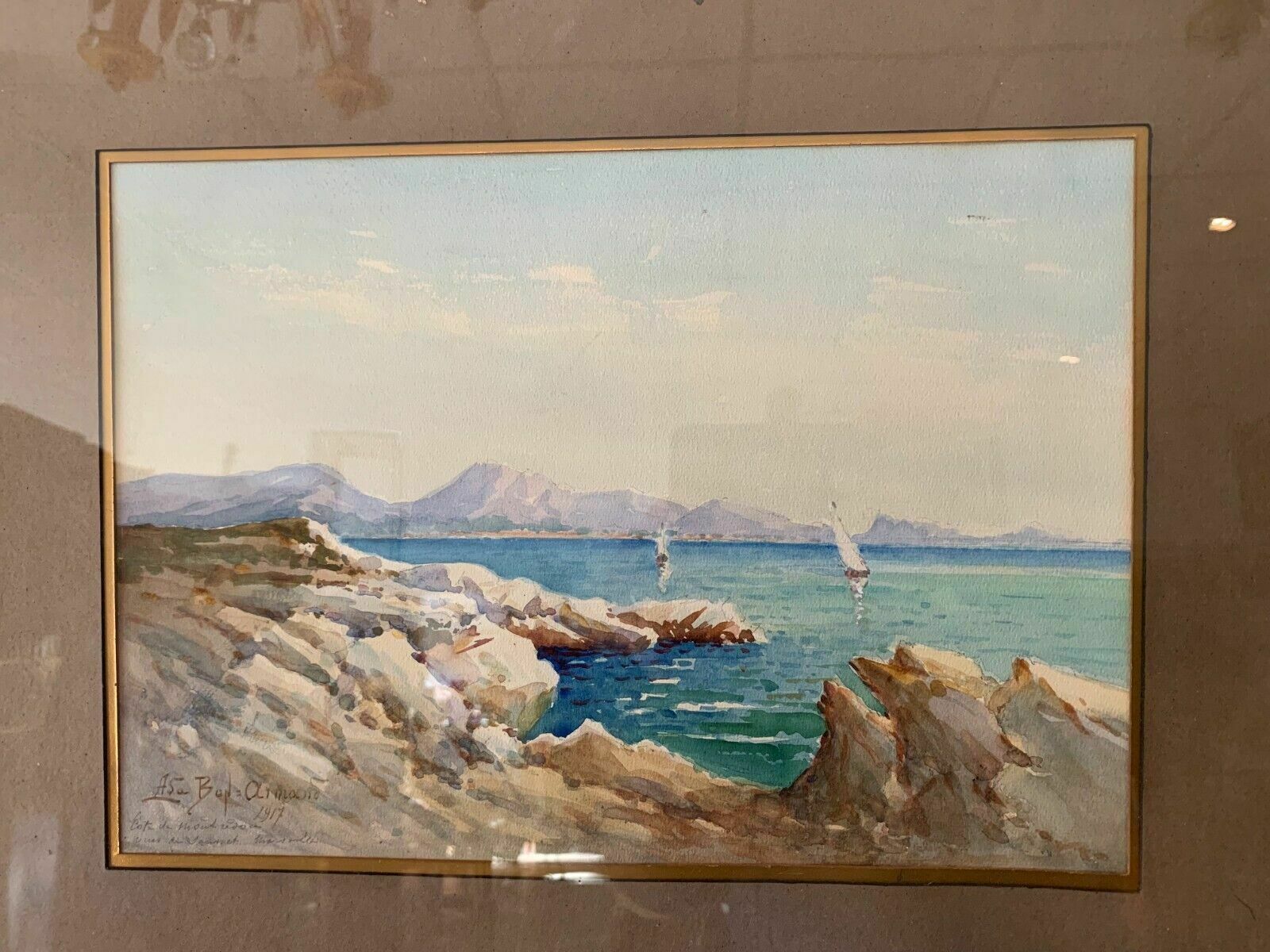 Framed Gouache "Two Boats On A Mountain Lake" XX Century photo 752.7064499999999
