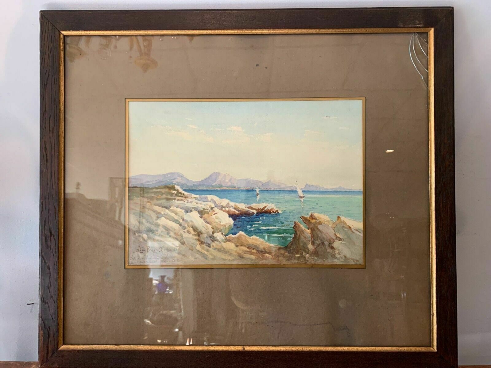 Framed Gouache "Two Boats On A Mountain Lake" XX Century photo vinterior