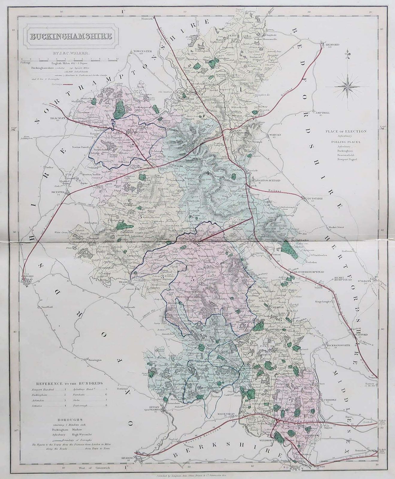 Original Antique English County Map, Buckinghamshire, J & C Walker, 1851 photo furniture