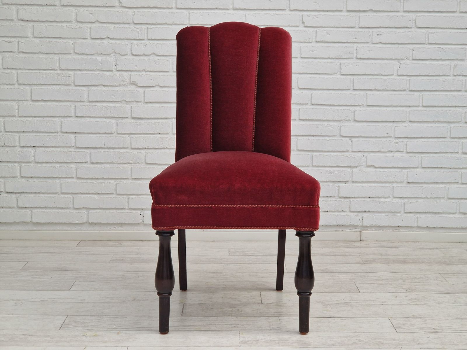1950s, Danish Design, Set Of 4 Dinning Chairs, Oak Wood, Cherry Red Velour. photo buy