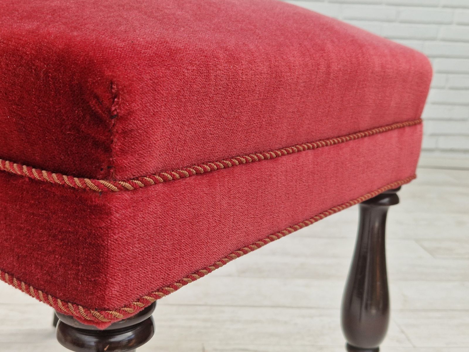 1950s, Danish Design, Set Of 4 Dinning Chairs, Oak Wood, Cherry Red Velour. photo vintage