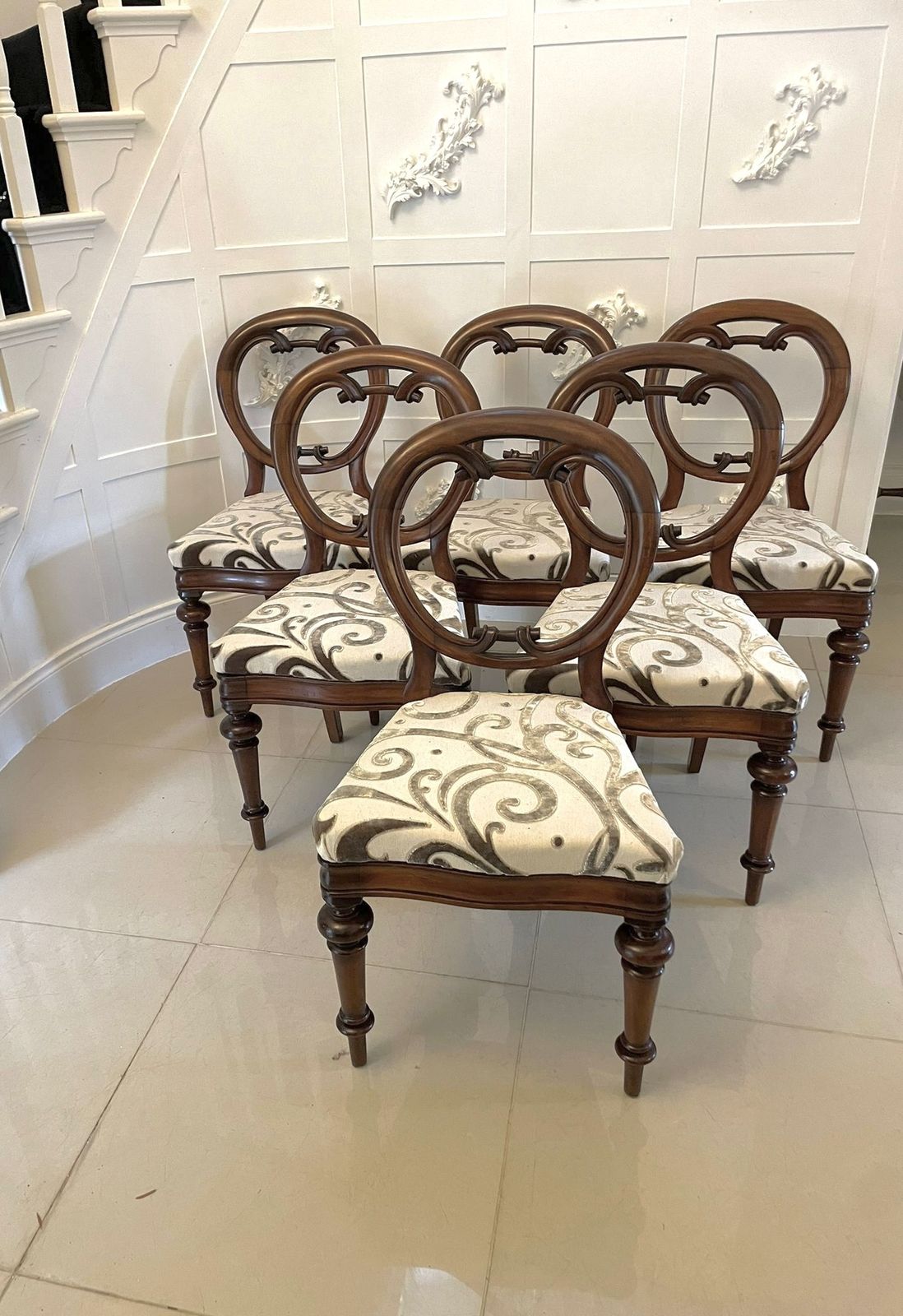 Outstanding Set Of 6 Antique Mahogany Balloon Back Dining Chairs