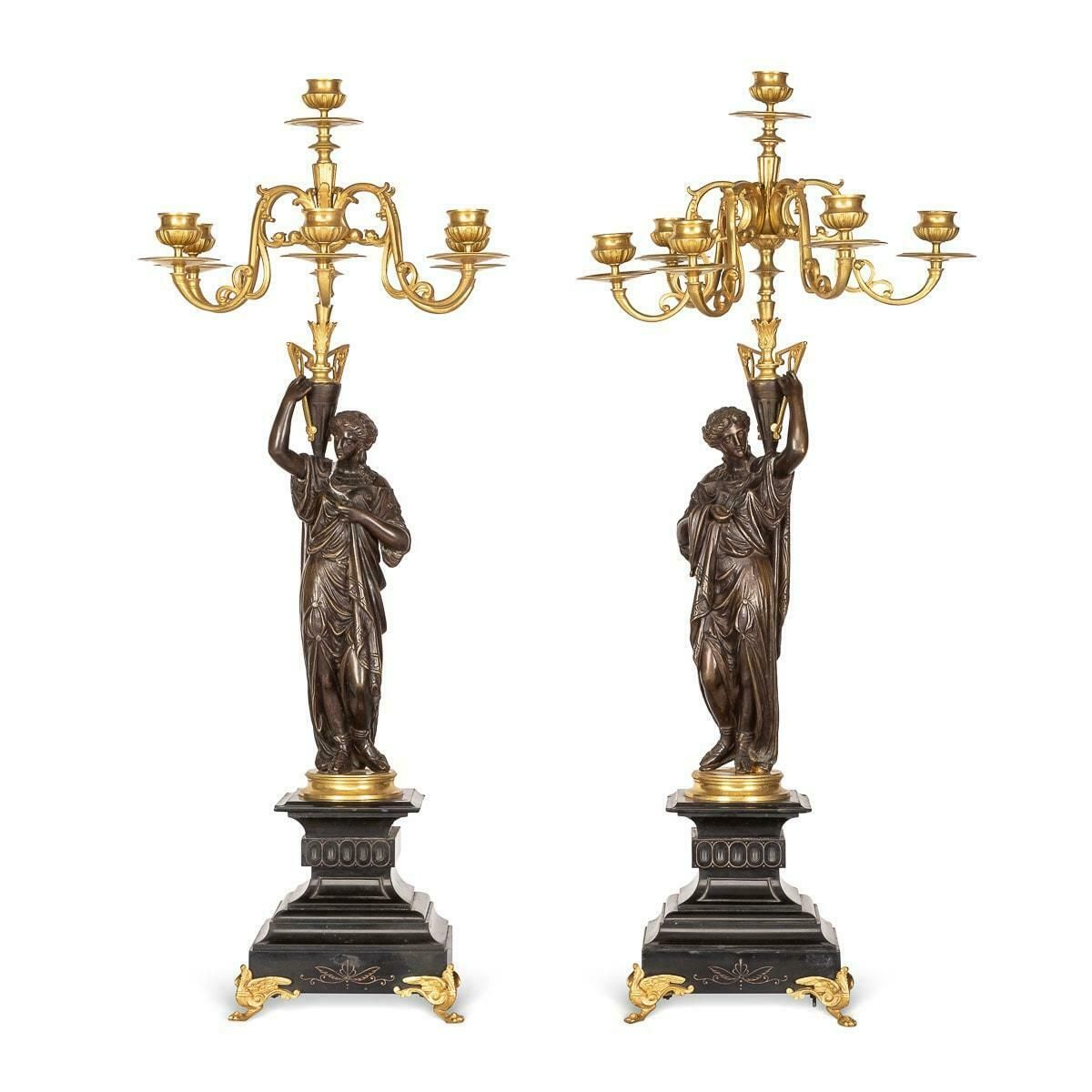 19th Century French Pair Of Ormolu Bronze Candelabra On Black Marble C.1870 photo furniture