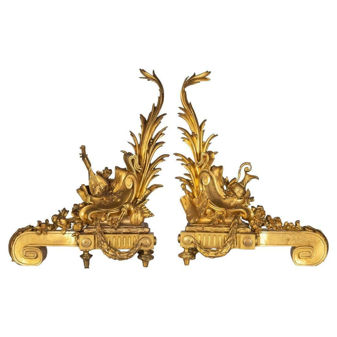 19th Century French Pair Of Ormolu Bronze Fireplace Chenets, C.1840