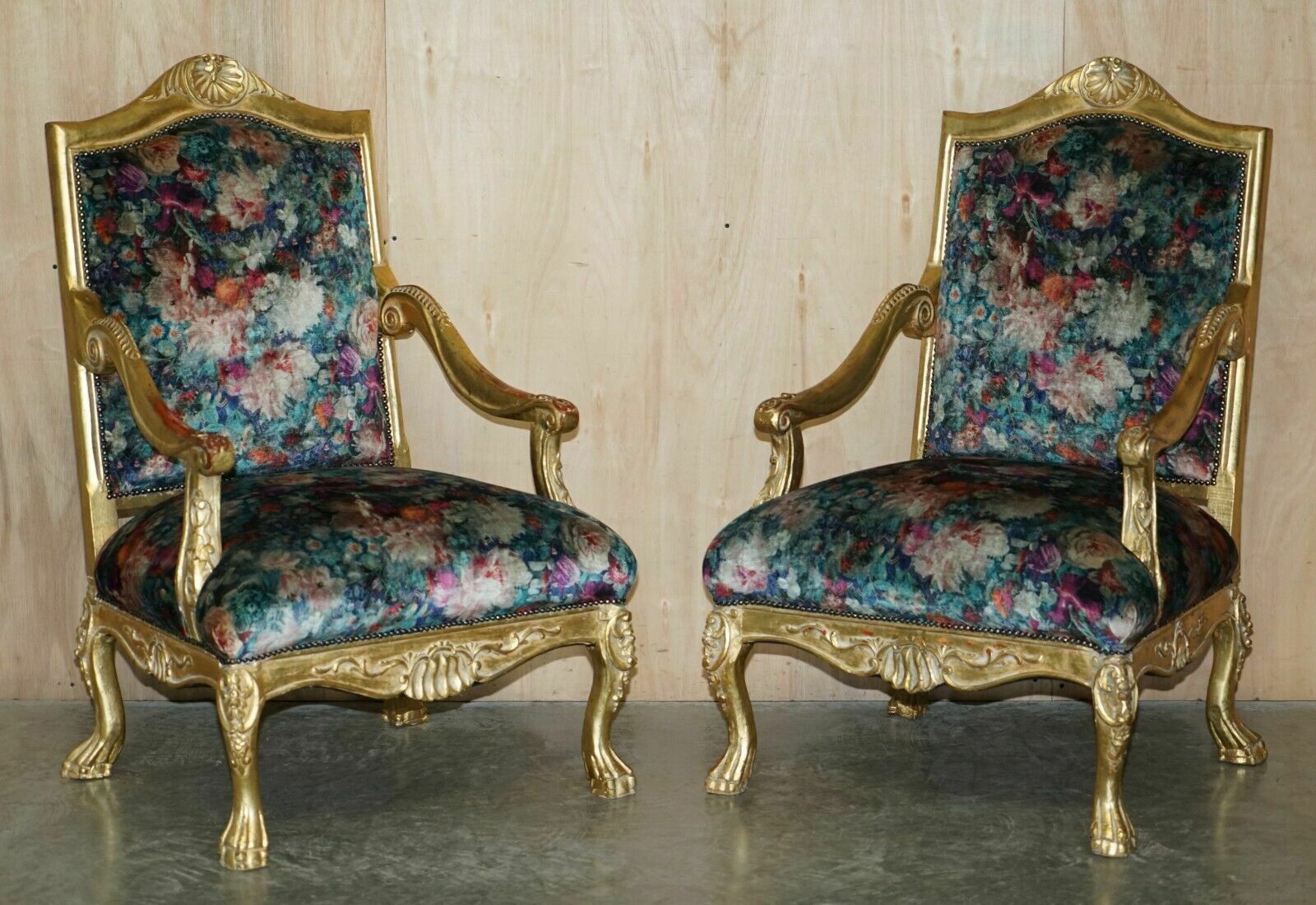 Pair Of Antique Original Giltwood Framed French Louis XV Fauteuils Armchairs
