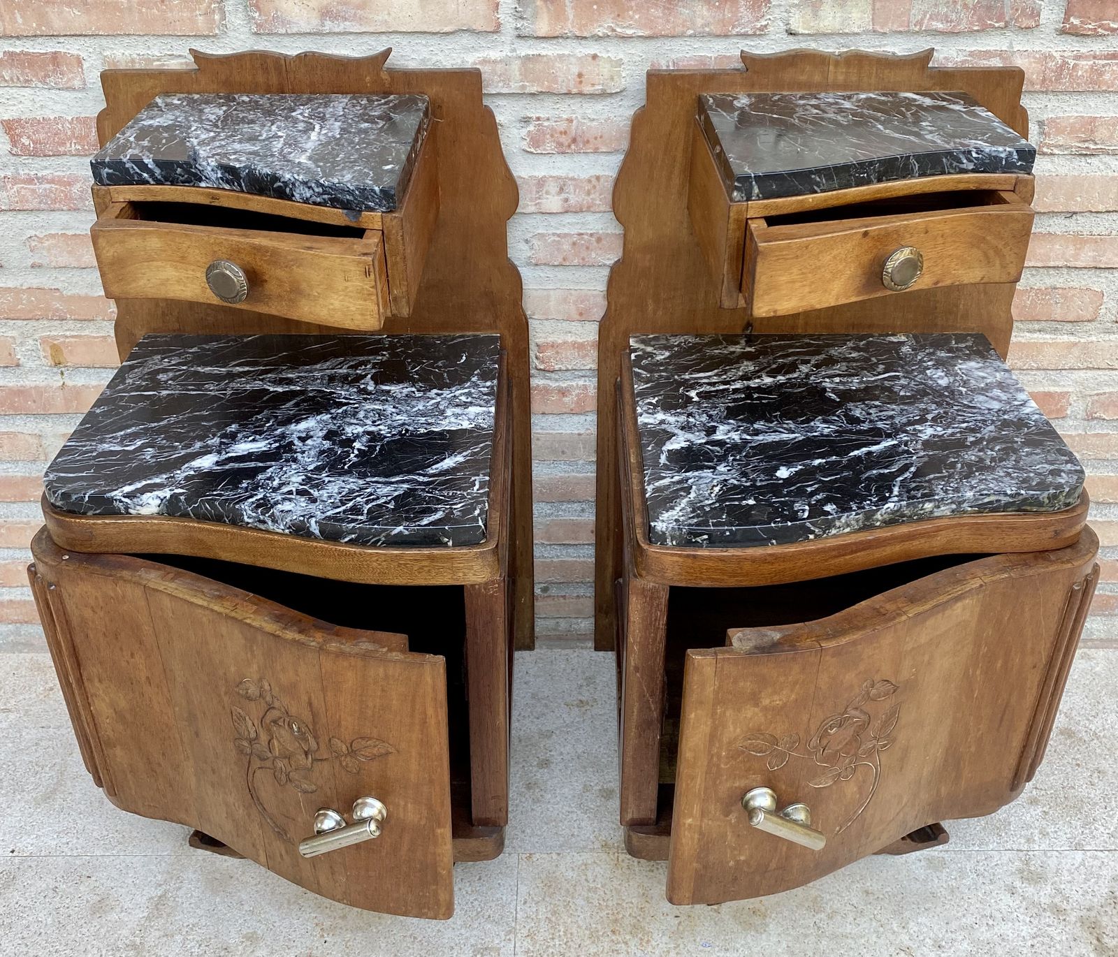 Art Nouveau Style Carved Nightstands Or Bedside Tables With Marble Top, Circa 1930 photo for sale