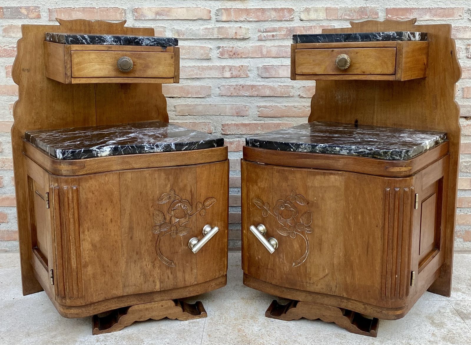 Art Nouveau Style Carved Nightstands Or Bedside Tables With Marble Top, Circa 1930