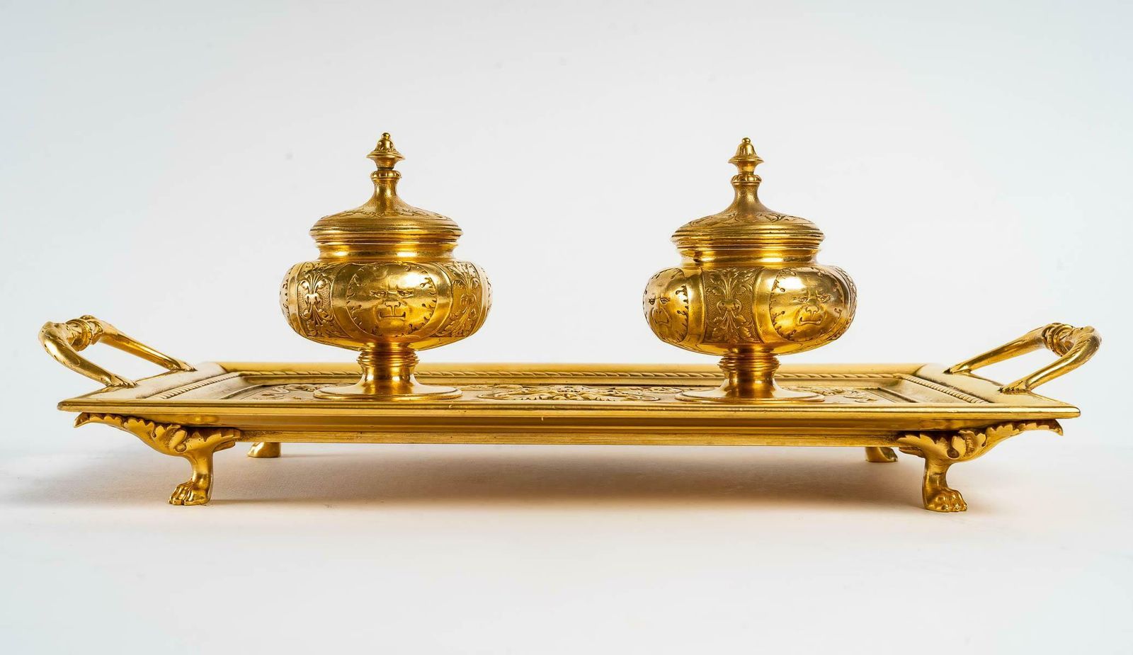 Double Inkwell Of The Xixth Century In Gilded Bronze photo for sale