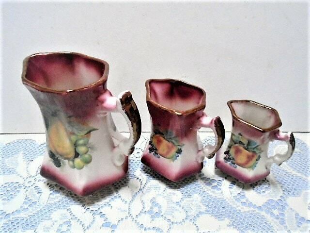 photo for sale Vintage Set Of Three Jugs, Trio Of Summer Fruit Design Pitchers, Rose Pink Collectible Jug Set,
