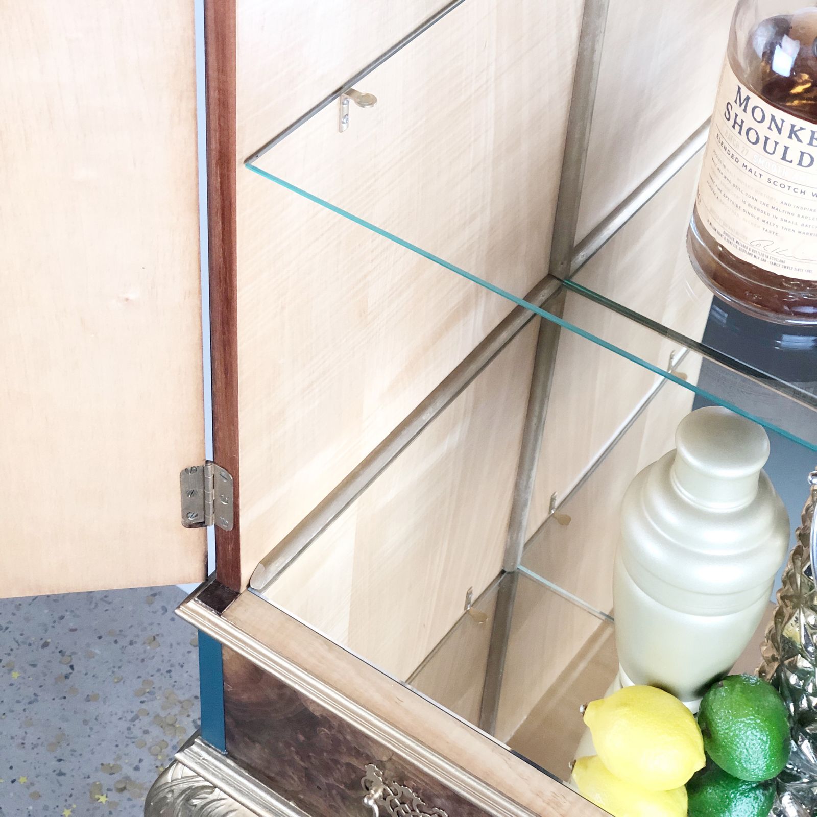 Vintage Drinks Cabinet, Walnut Cocktail Bar, Gin Bar, Queen Anne Maximalist Rock N Roll, Teal Blue Gold Hand Lettered photo buy