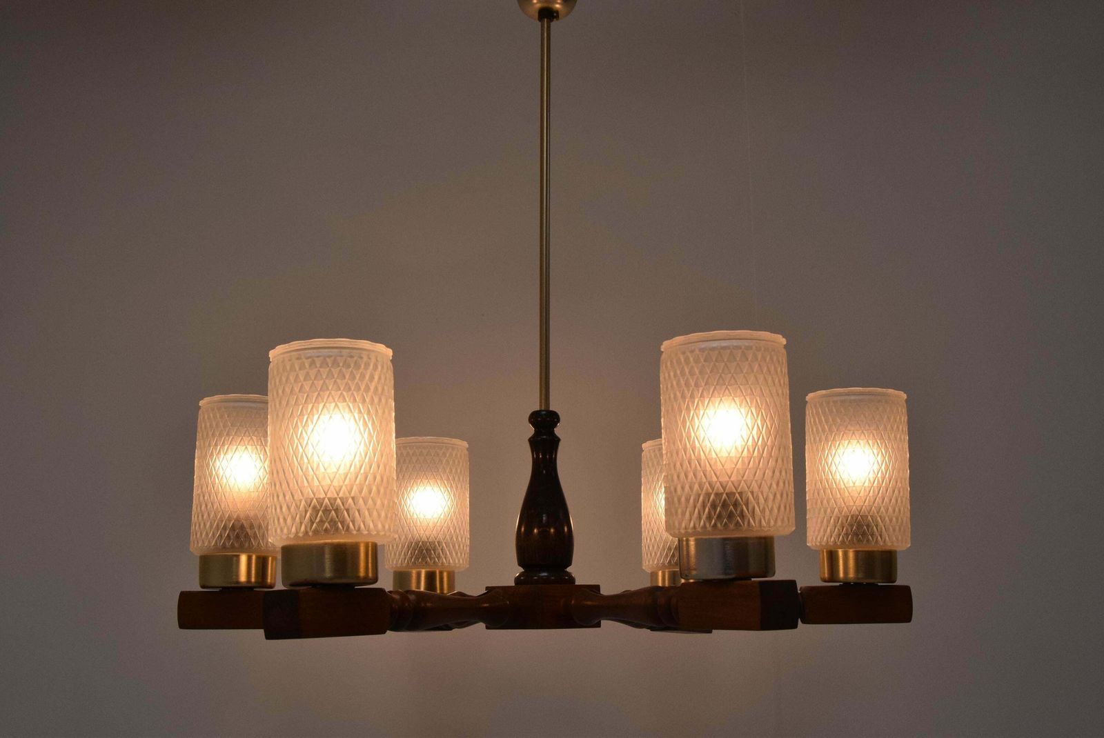 photo furniture Mid Century Wood Chandelier By Inva Litomerice, 1970's.