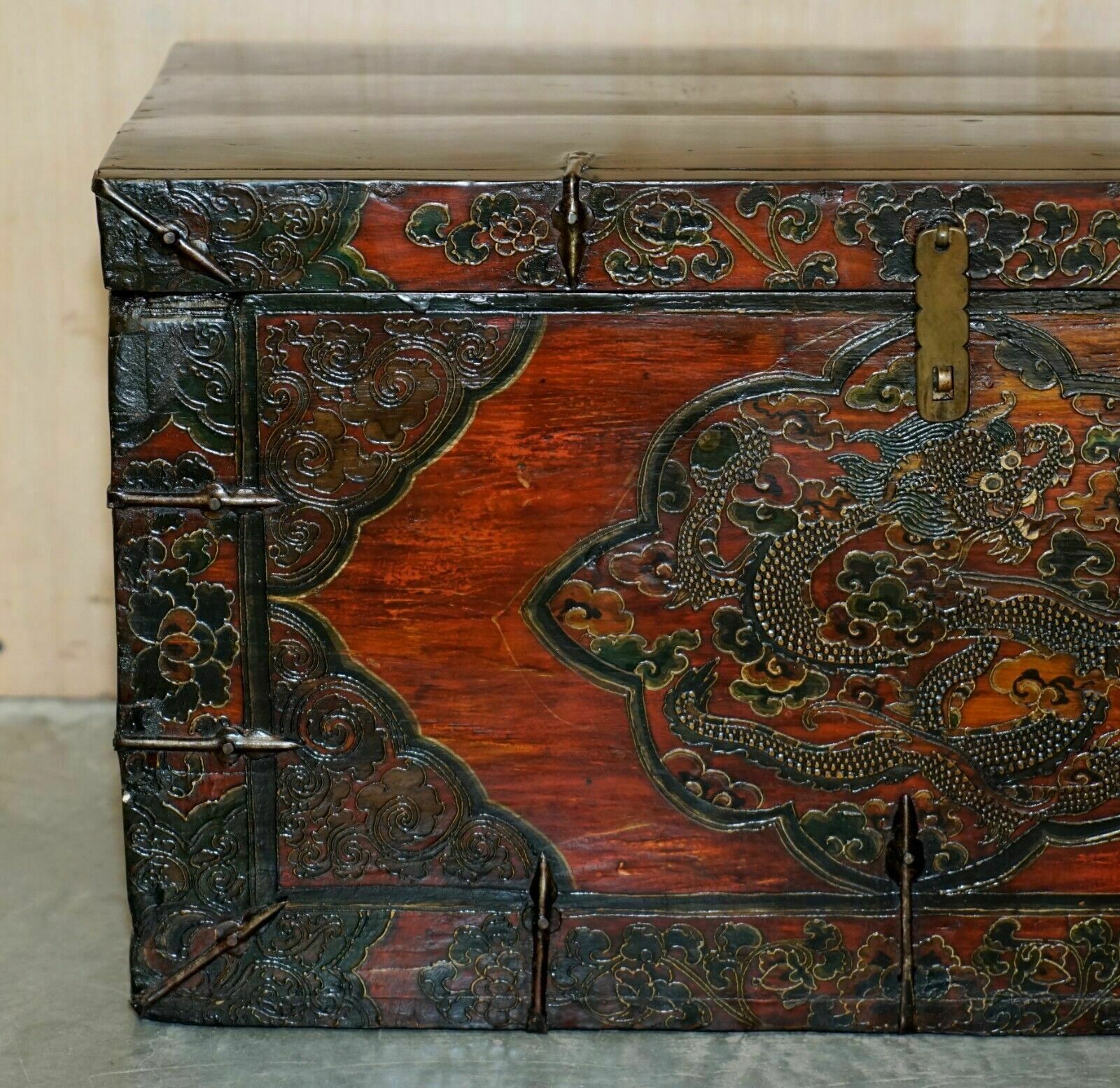 Antique Chinese Dragon Tibetan Polychrome Painted Trunk Linen Chest Coffer photo for sale