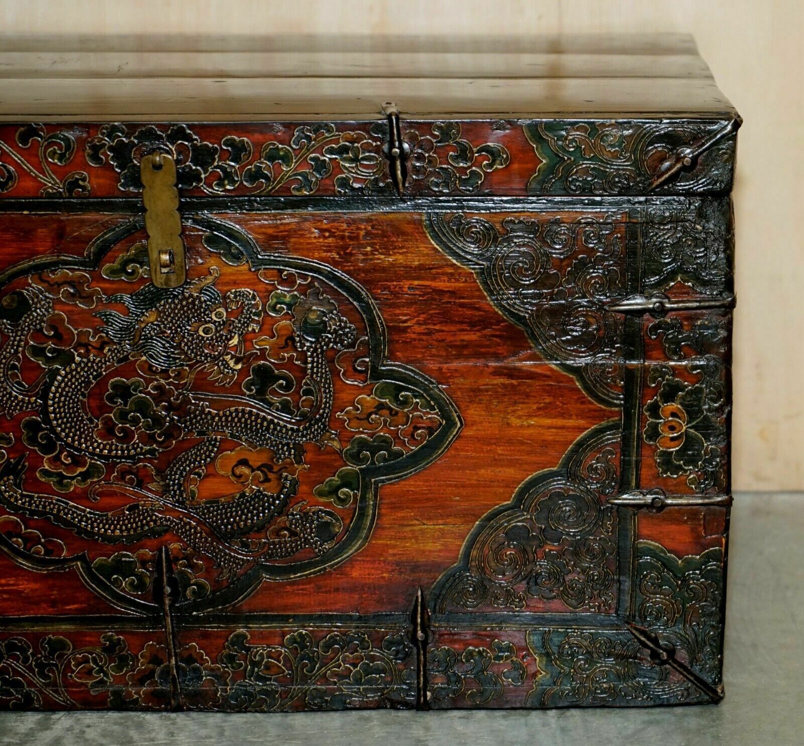 Antique Chinese Dragon Tibetan Polychrome Painted Trunk Linen Chest Coffer photo Furniture