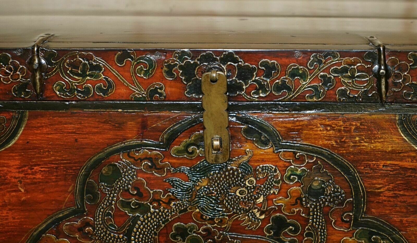 Antique Chinese Dragon Tibetan Polychrome Painted Trunk Linen Chest Coffer photo vintage
