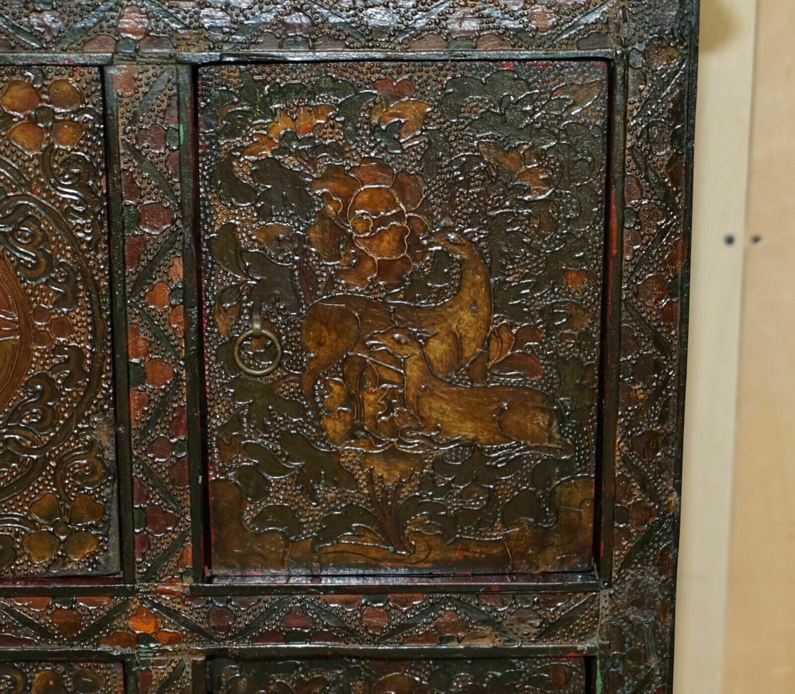 photo furniture Antique Chinese Deer & Flower Tibetan Polychrome Painted Altar Cabinet Sideboard