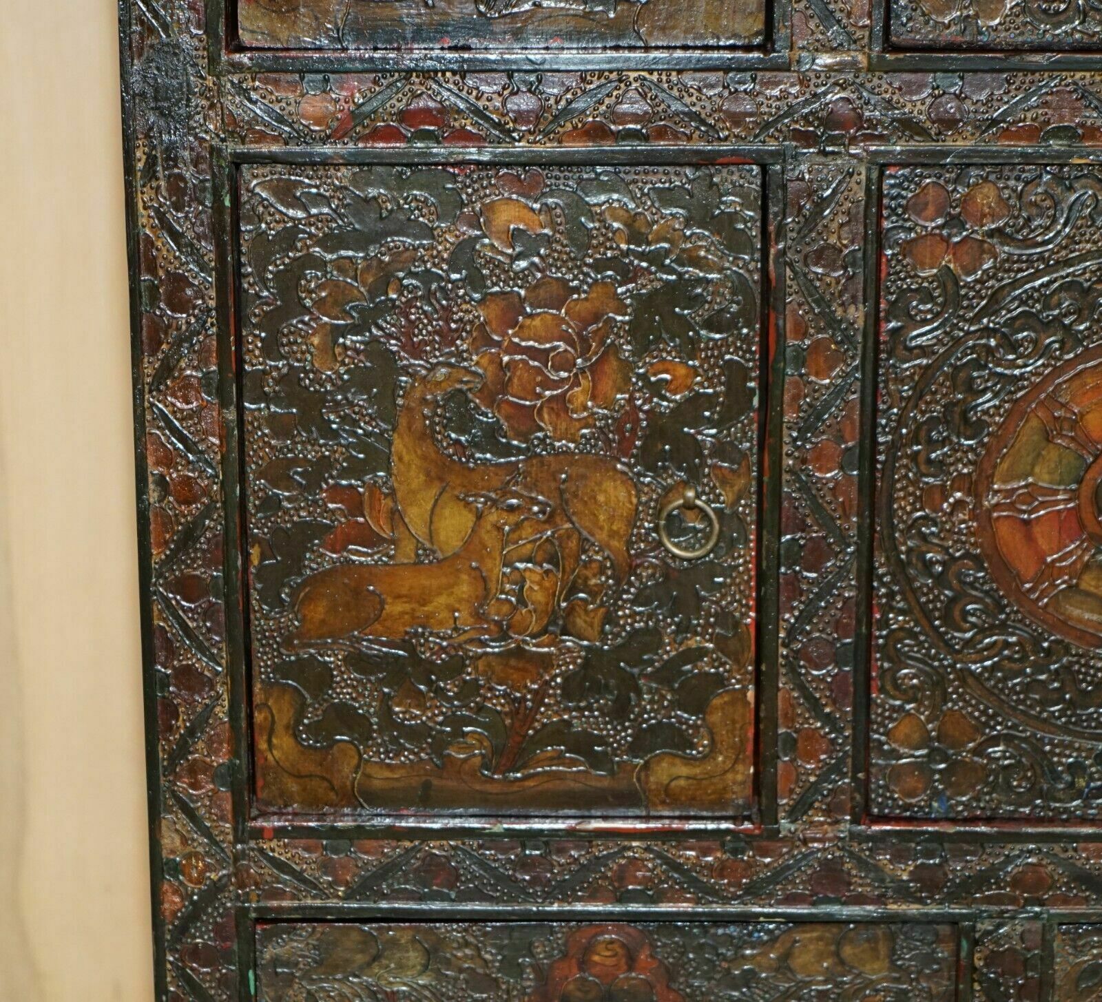 photo for sale Antique Chinese Deer & Flower Tibetan Polychrome Painted Altar Cabinet Sideboard