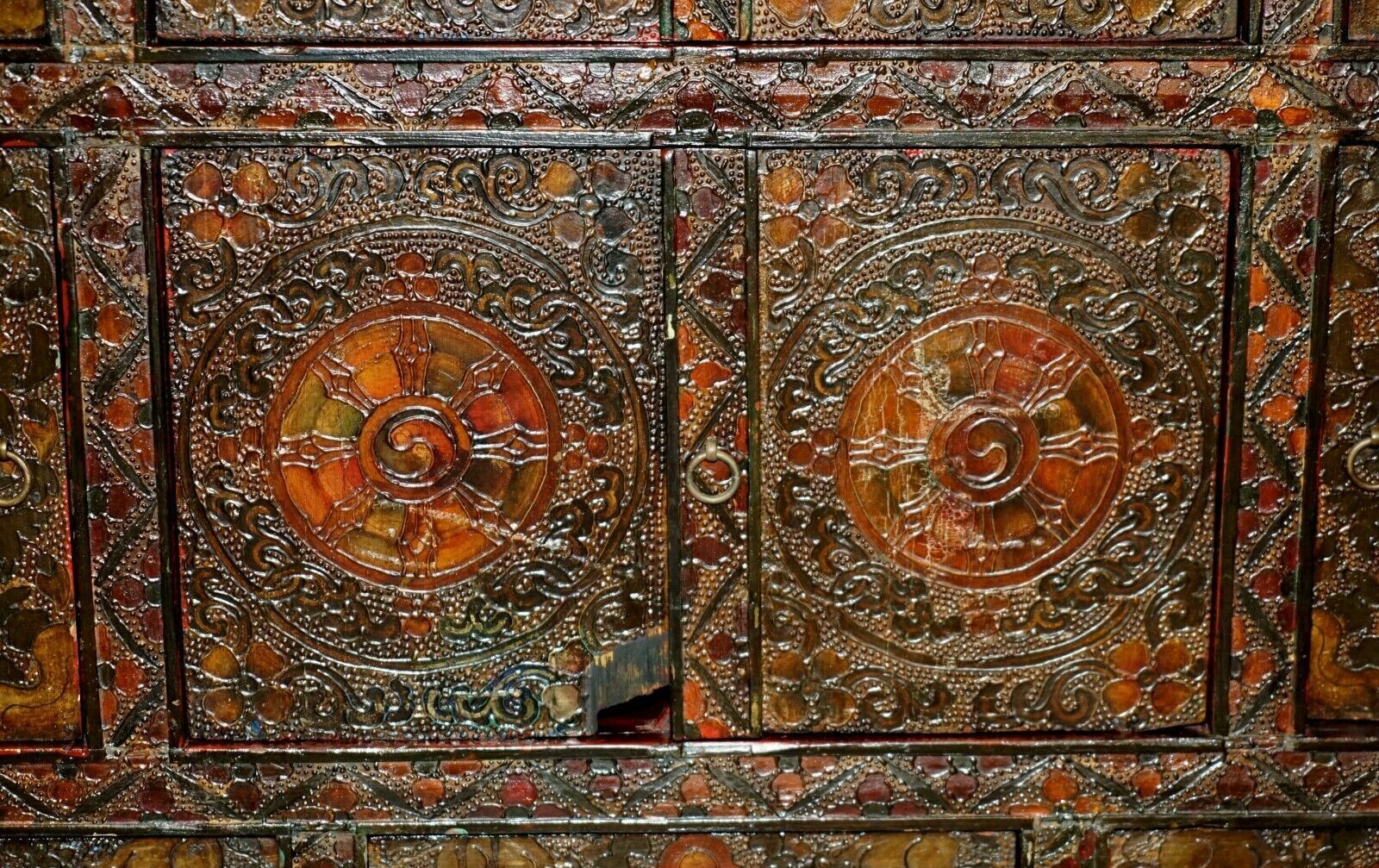 Furniture Antique Chinese Deer & Flower Tibetan Polychrome Painted Altar Cabinet Sideboard photo