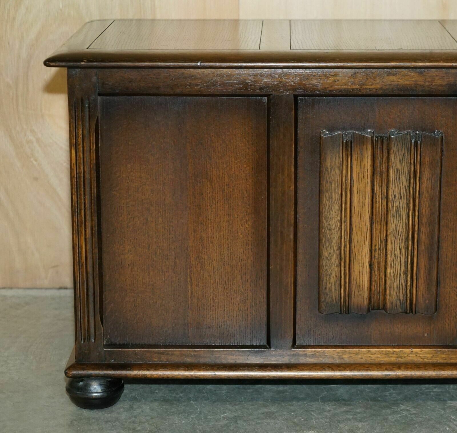 Vintage Jacobean Style English Oak Linen Trunk Or Chest For Clothes Toys Etc photo for sale