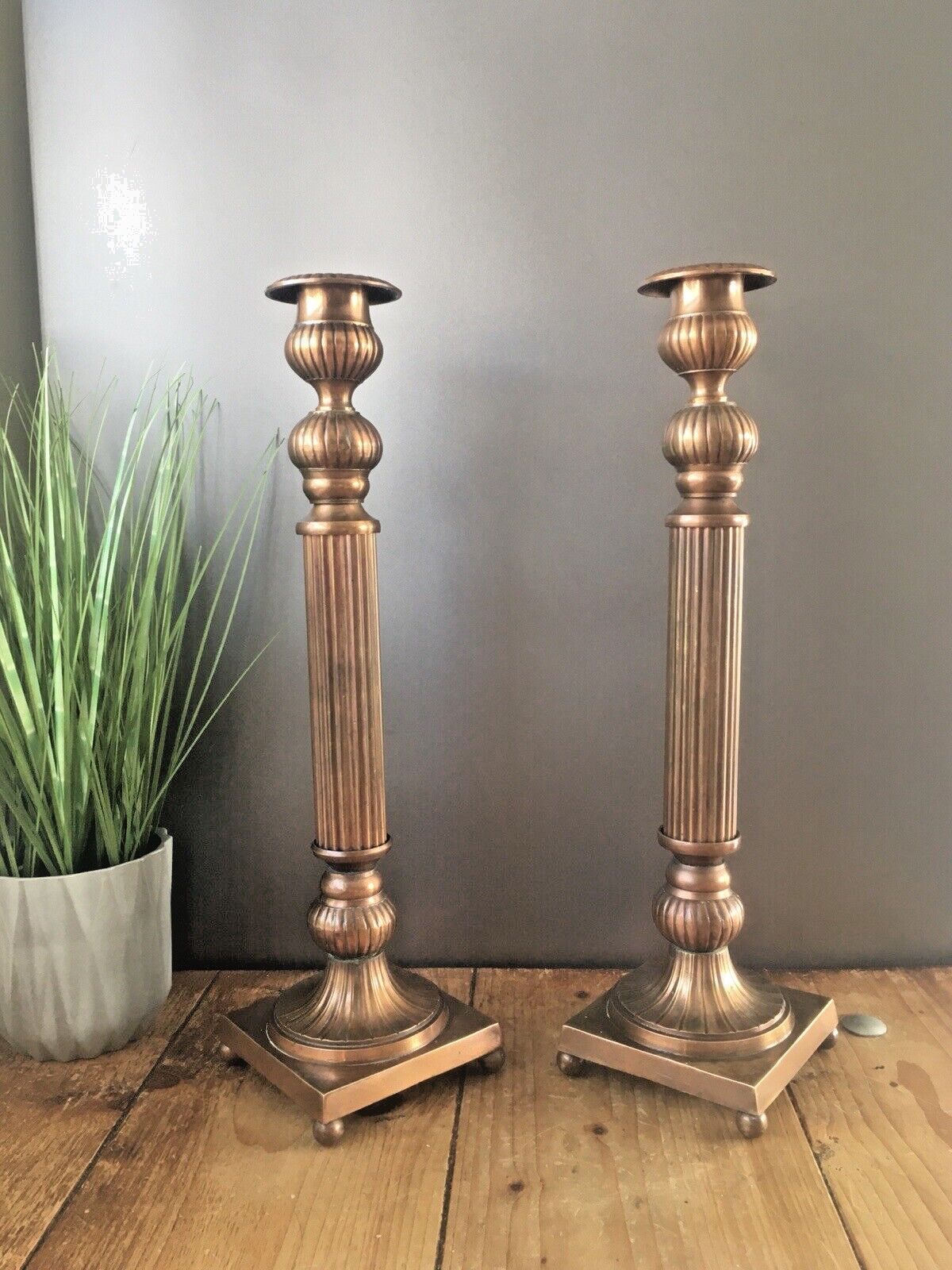 Large Pair Of Vintage Regency Column Style Metal Tone Candle Holder Candlesticks photo Home Decor