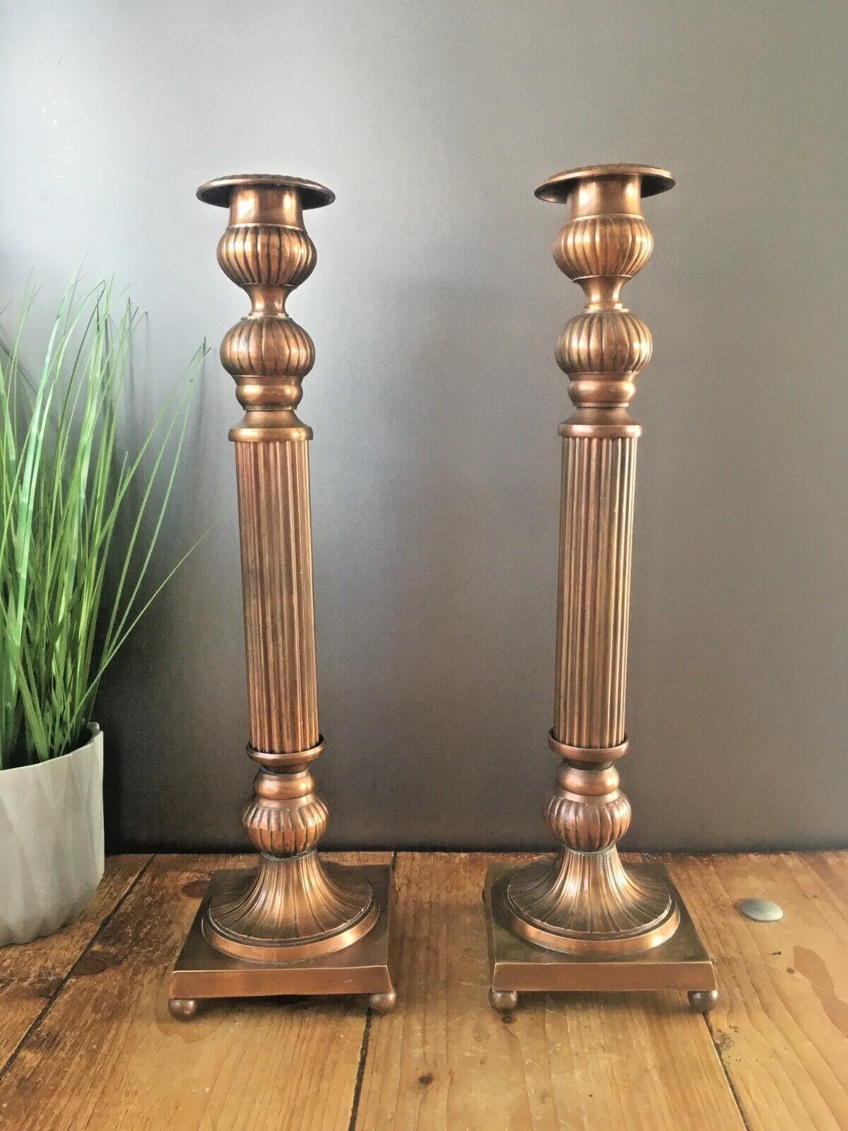 Large Pair Of Vintage Regency Column Style Metal Tone Candle Holder Candlesticks photo 110.0