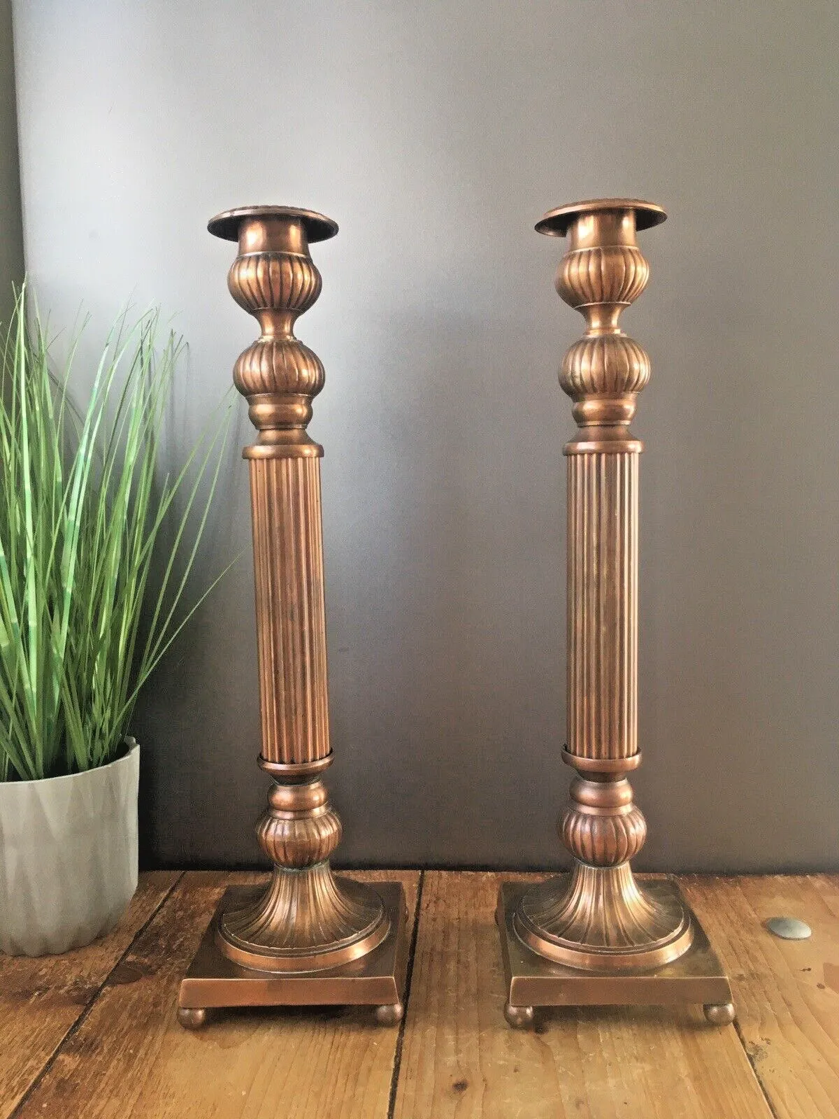 Large Pair Of Vintage Regency Column Style Metal Tone Candle Holder Candlesticks photo vintage