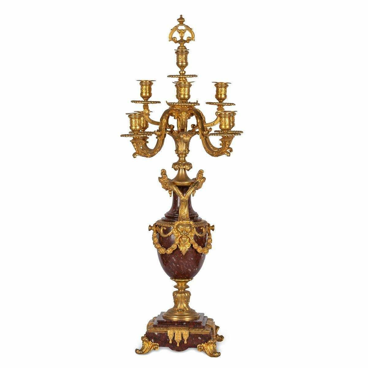 19th Century French Ormolu Mounted Rouge Griotte Nine Light Candelabra, C.1870 photo for sale
