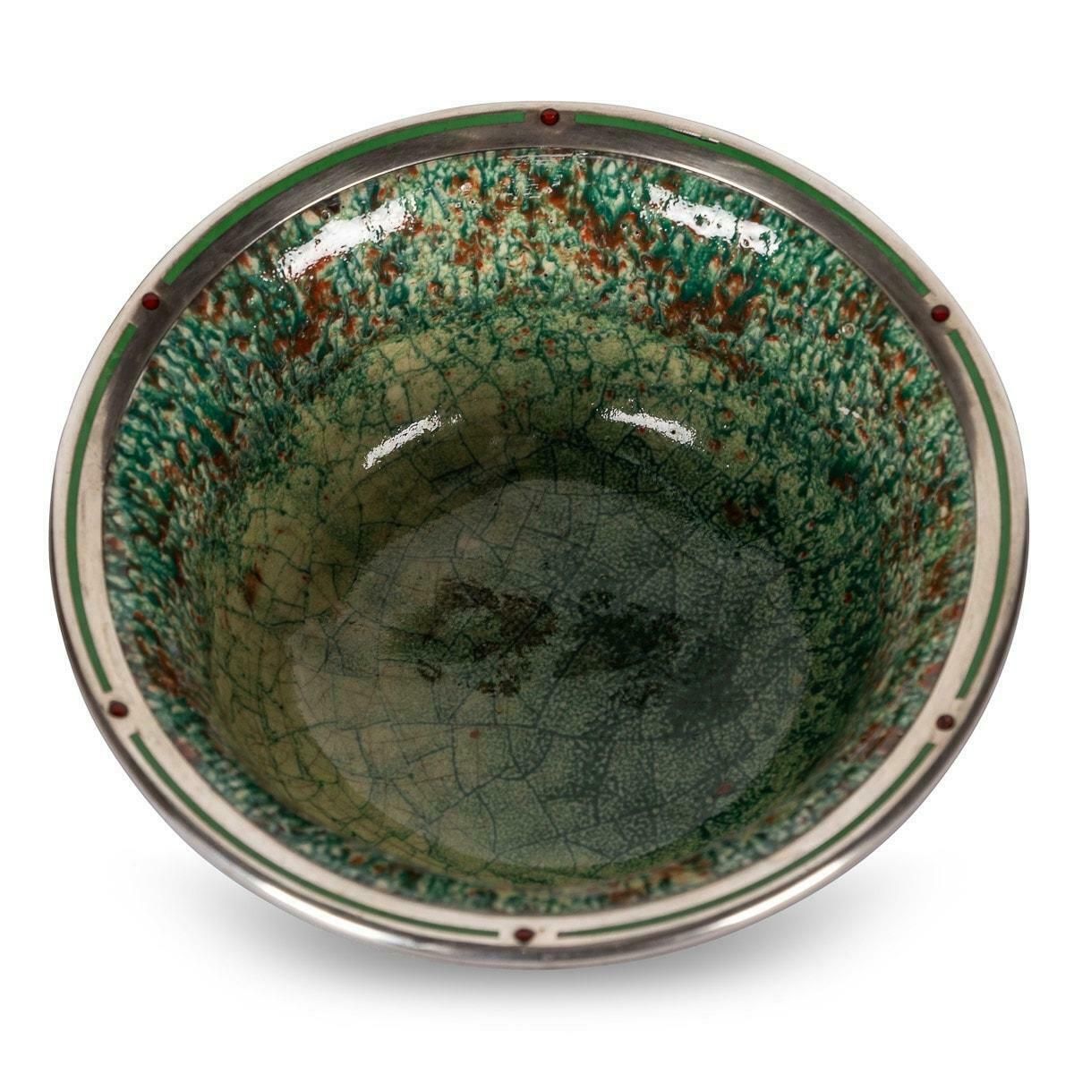 20th Century French Flambé Glaze Pottery & Silver Mounted Bowl, C.1900 photo vintage