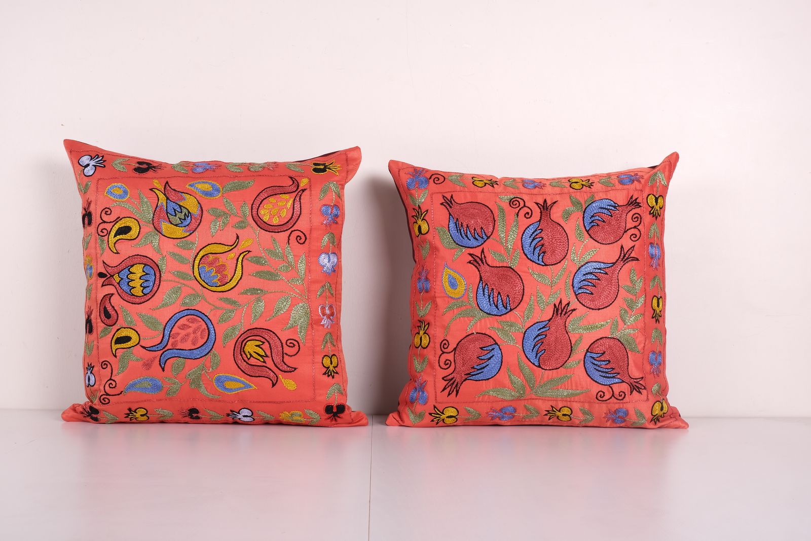 Suzani Silk Cushion Cover, Set Of Two Hand Embroidery Peach Orange Uzbek Pillows 19'' X 19''