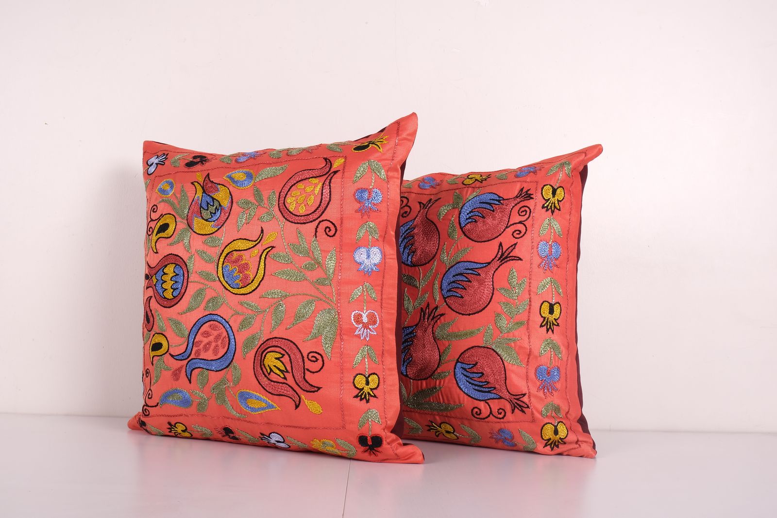 Suzani Silk Cushion Cover, Set Of Two Hand Embroidery Peach Orange Uzbek Pillows 19'' X 19'' photo furniture