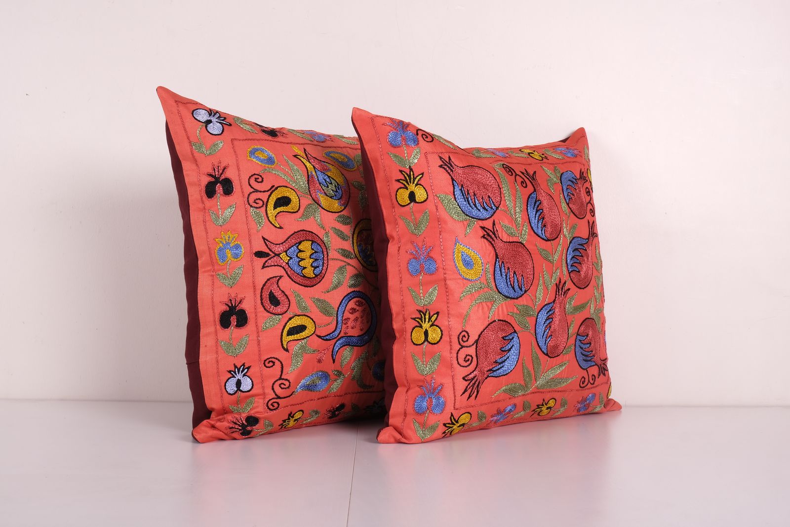 Suzani Silk Cushion Cover, Set Of Two Hand Embroidery Peach Orange Uzbek Pillows 19'' X 19'' photo for sale