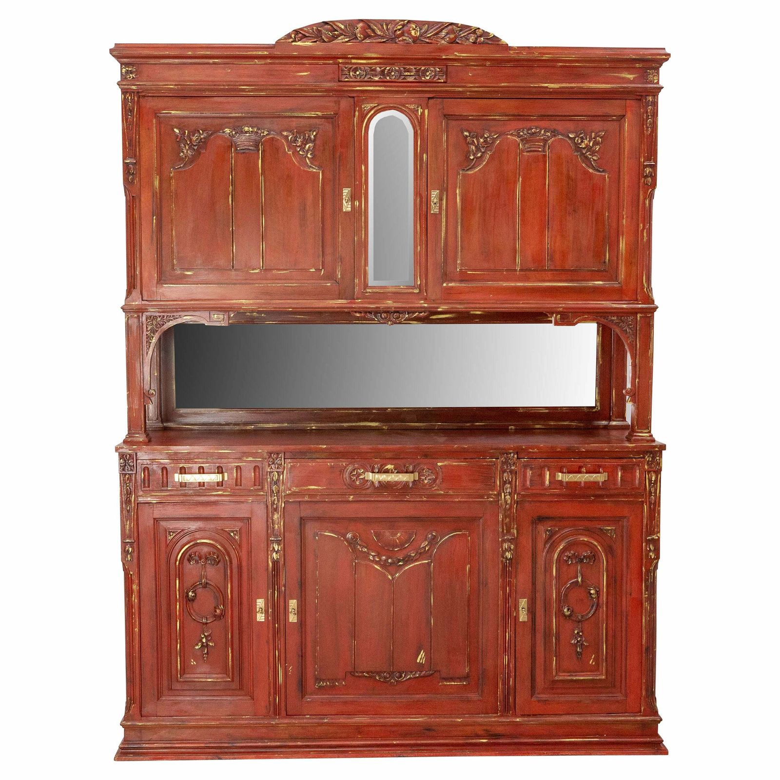 French Walnut Cabinet Deux Corps Buffet Red And Gold Patinated, Circa 1920
