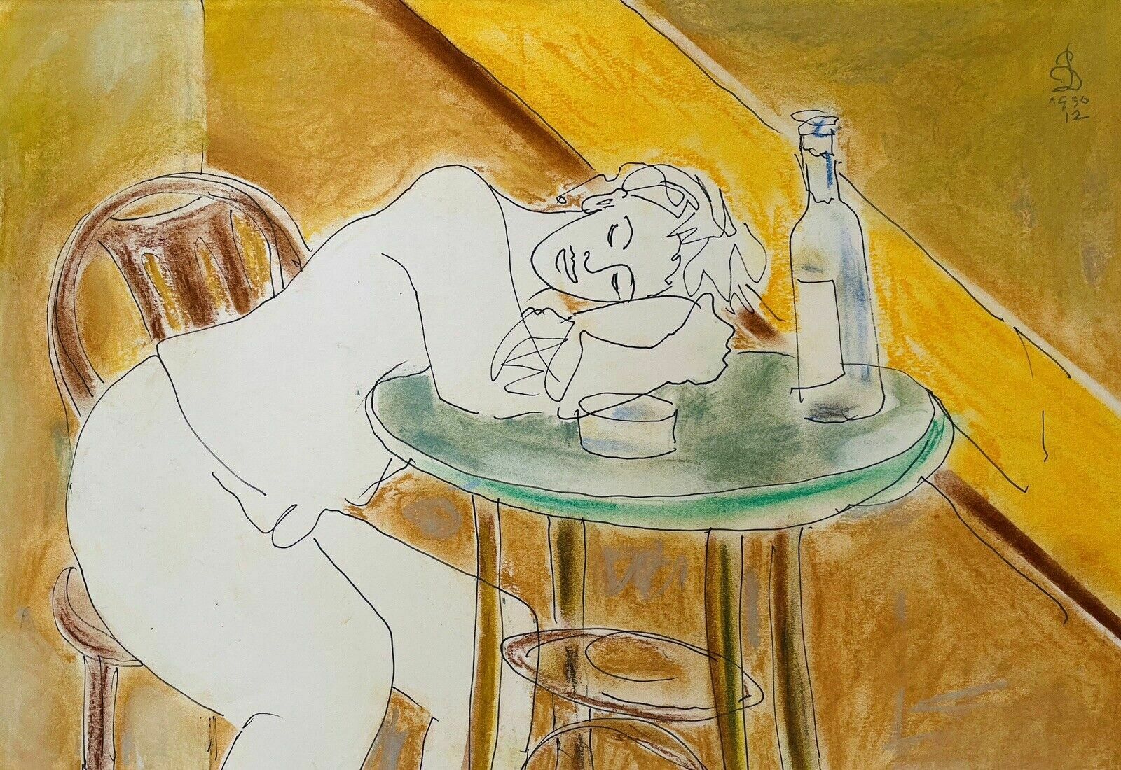 Original Hugo "Puck" Dachinger Pen & Pastel Drawing Of A Waitress, Framed photo for sale