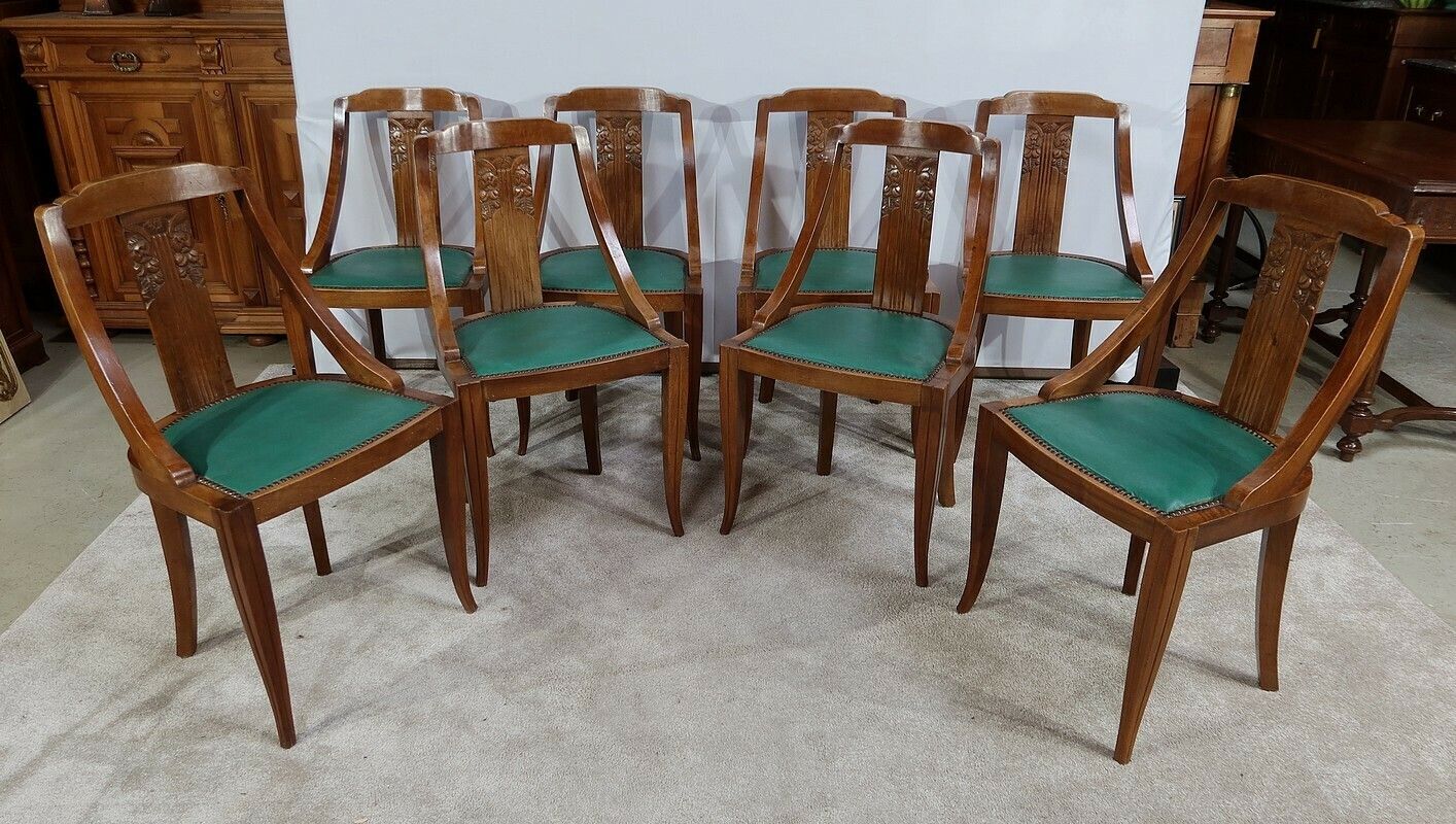 Suite Of 8 Gondola Chairs In Solid Walnut, Art Deco – 1930