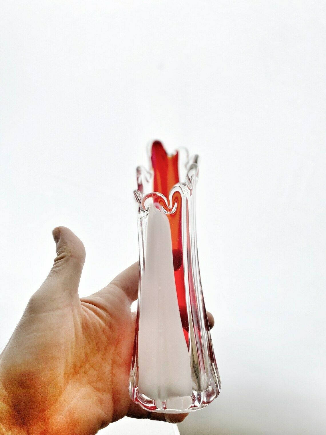 A Murano Art Glass Vase, Organic Form, Clear With White, And Red Tint photo buy