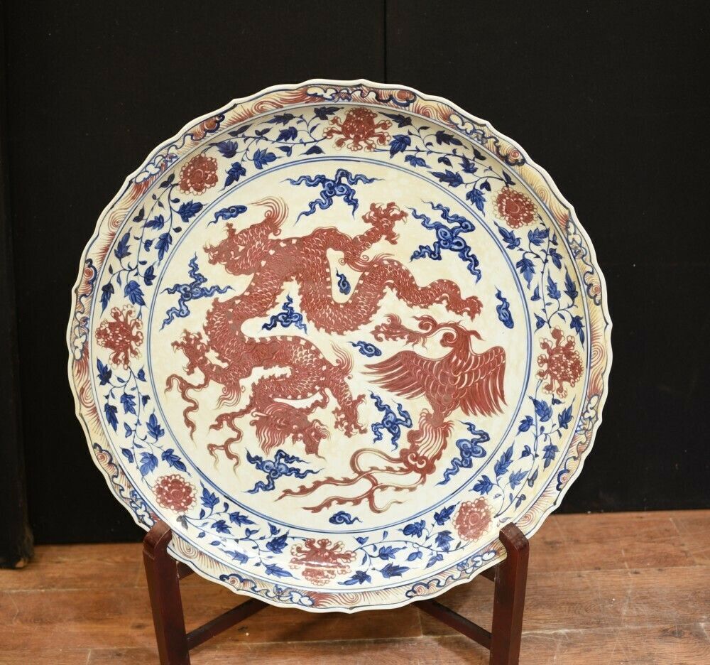 Large Chinese Porcelain Dragon Plate   Ming Pottery Plaque photo furniture